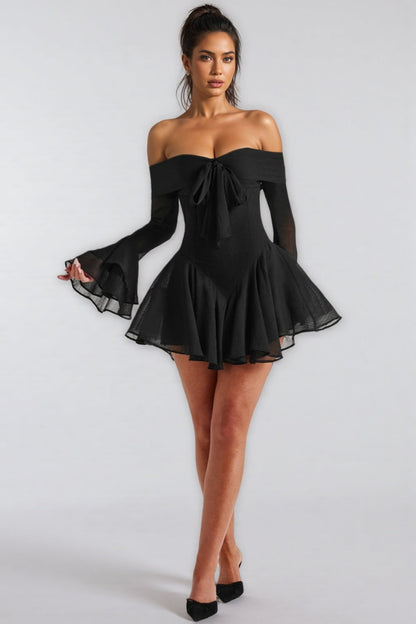 Lild Black One-Shoulder Bell Sleeve Mini Dress