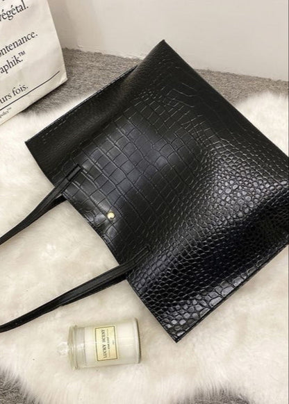 Croc-Embossed PU Leather Tote Bag – Large Black Shoulder Handbag