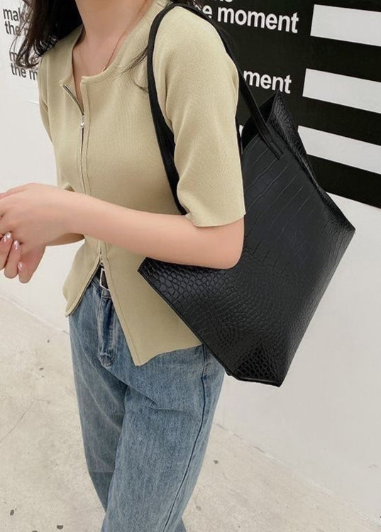 Croc-Embossed PU Leather Tote Bag – Large Black Shoulder Handbag