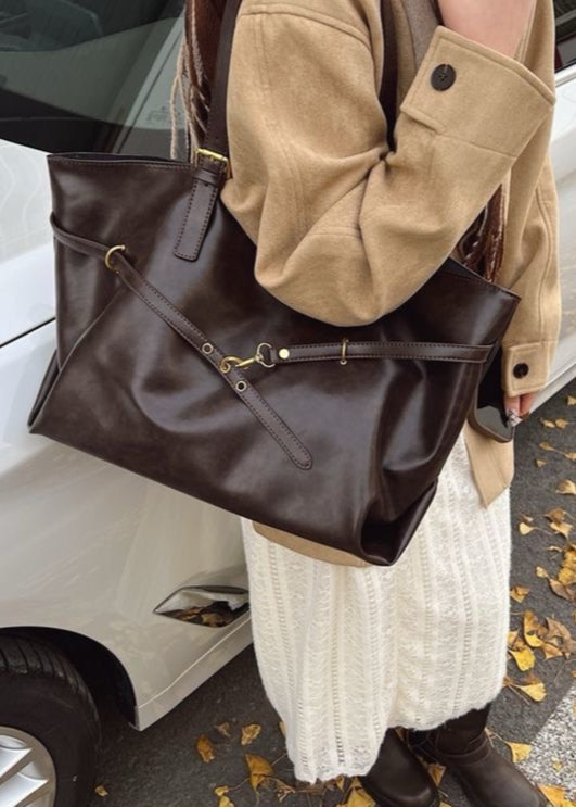 Oversized PU Leather Shoulder Tote – Women’s Large Brown Carryall Bag