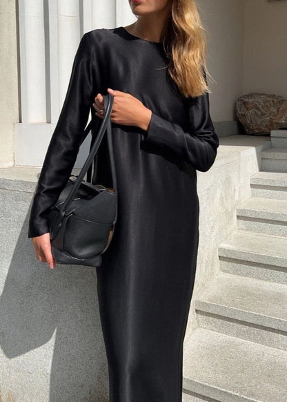 Sage Green Long Sleeve Maxi Dress – Minimalist Satin Look