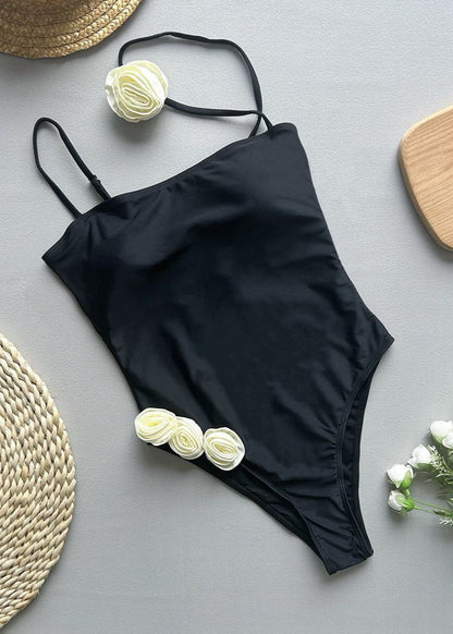 Noir Bloom One-Piece Swimsuit with 3D Floral Accents