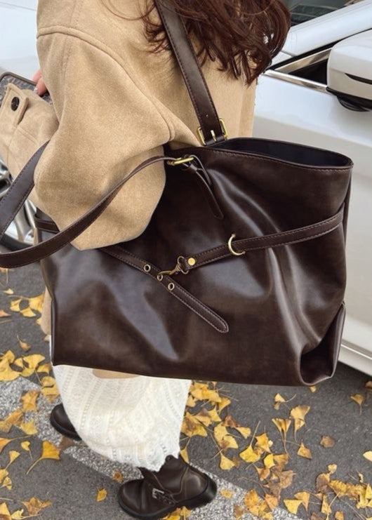 Oversized PU Leather Shoulder Tote – Women’s Large Brown Carryall Bag