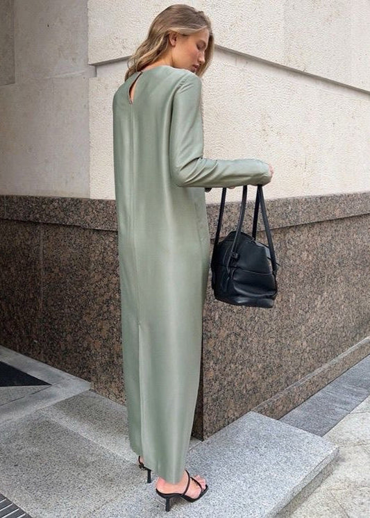 Sage Green Long Sleeve Maxi Dress – Minimalist Satin Look