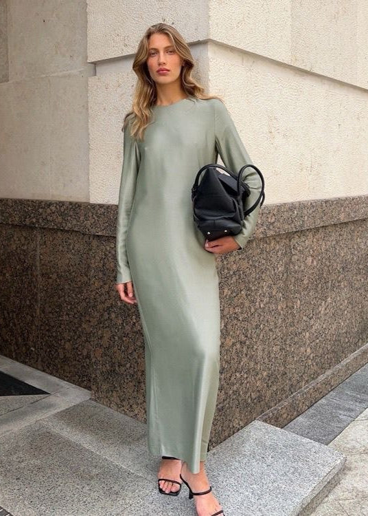 Sage Green Long Sleeve Maxi Dress – Minimalist Satin Look