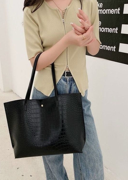 Croc-Embossed PU Leather Tote Bag – Large Black Shoulder Handbag