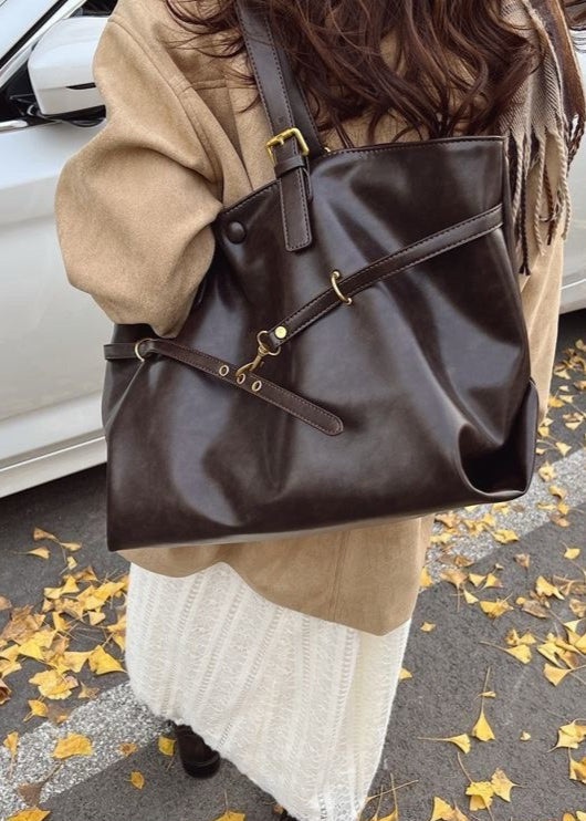 Oversized PU Leather Shoulder Tote – Women’s Large Brown Carryall Bag