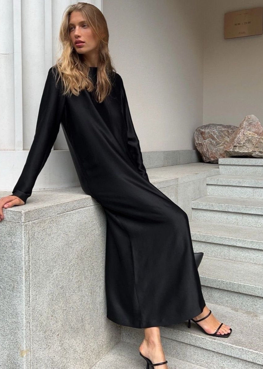 Sage Green Long Sleeve Maxi Dress – Minimalist Satin Look