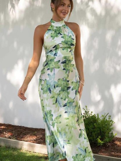 Angélica Minimalist Printed Halterneck Midi Dress in Backless Satin Evening Wear Edit