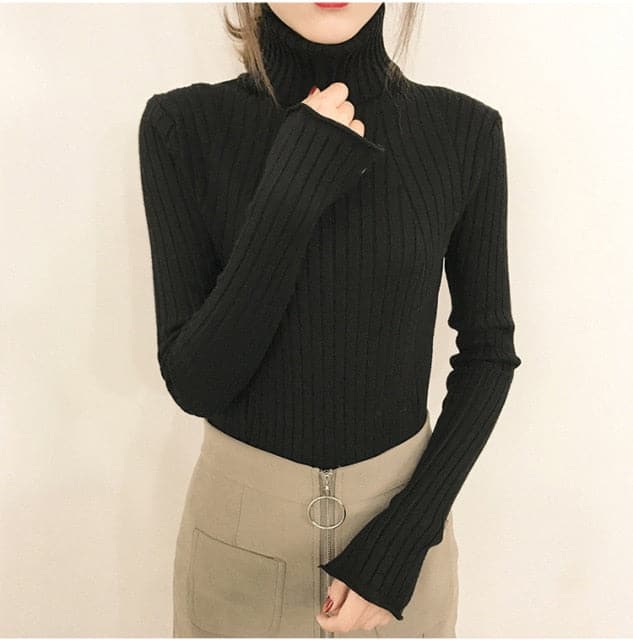 HighCollar Striped Knit Bottom Sweater