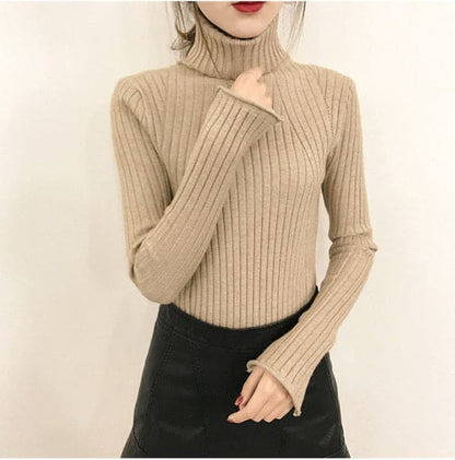 HighCollar Striped Knit Bottom Sweater