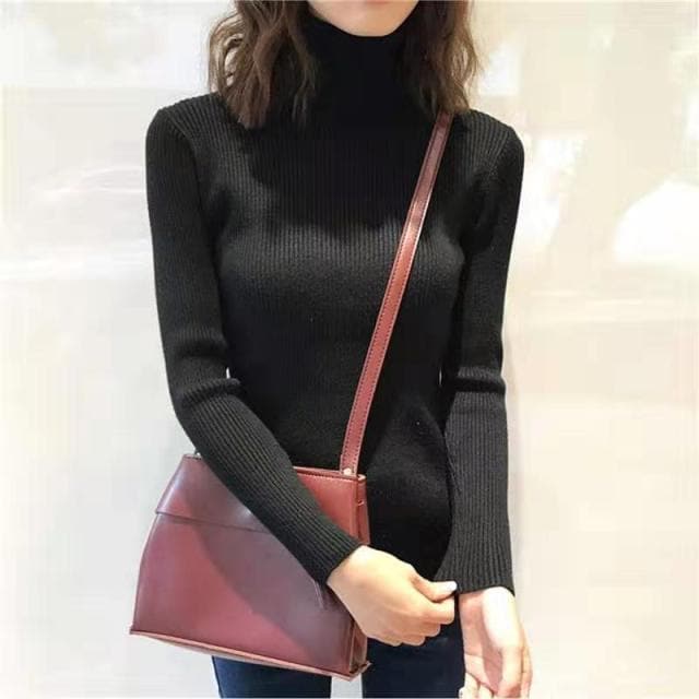 HighCollar Striped Knit Bottom Sweater