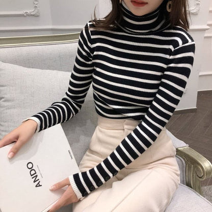 HighCollar Striped Knit Bottom Sweater
