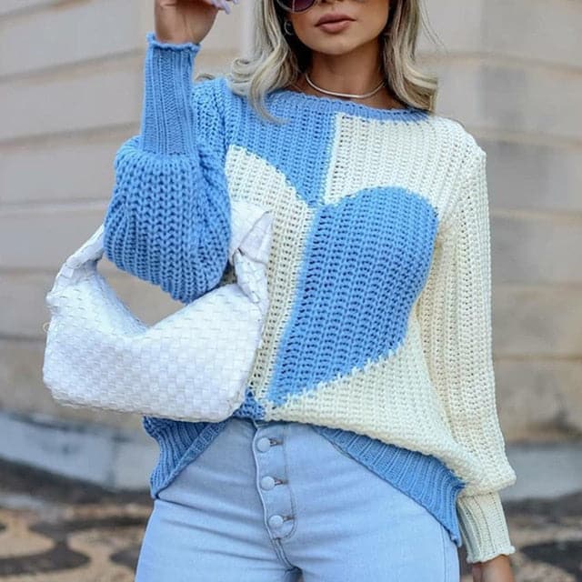 Elegant O Neck Love Print Patchwork Knitted Sweater
