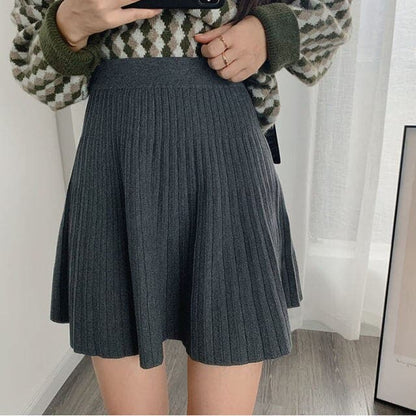 Knitted Women Autumn and Winter High Waist Pleated Skirt A Line Skirt Short Skirt