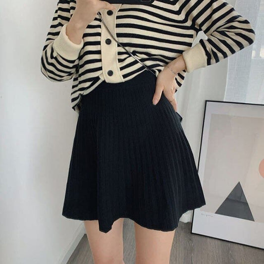 Knitted Women Autumn and Winter High Waist Pleated Skirt A Line Skirt Short Skirt