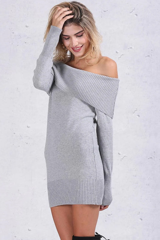 Ribbed Long Sleeve Draped Off Shoulder Mini Sweater Dress - Gray