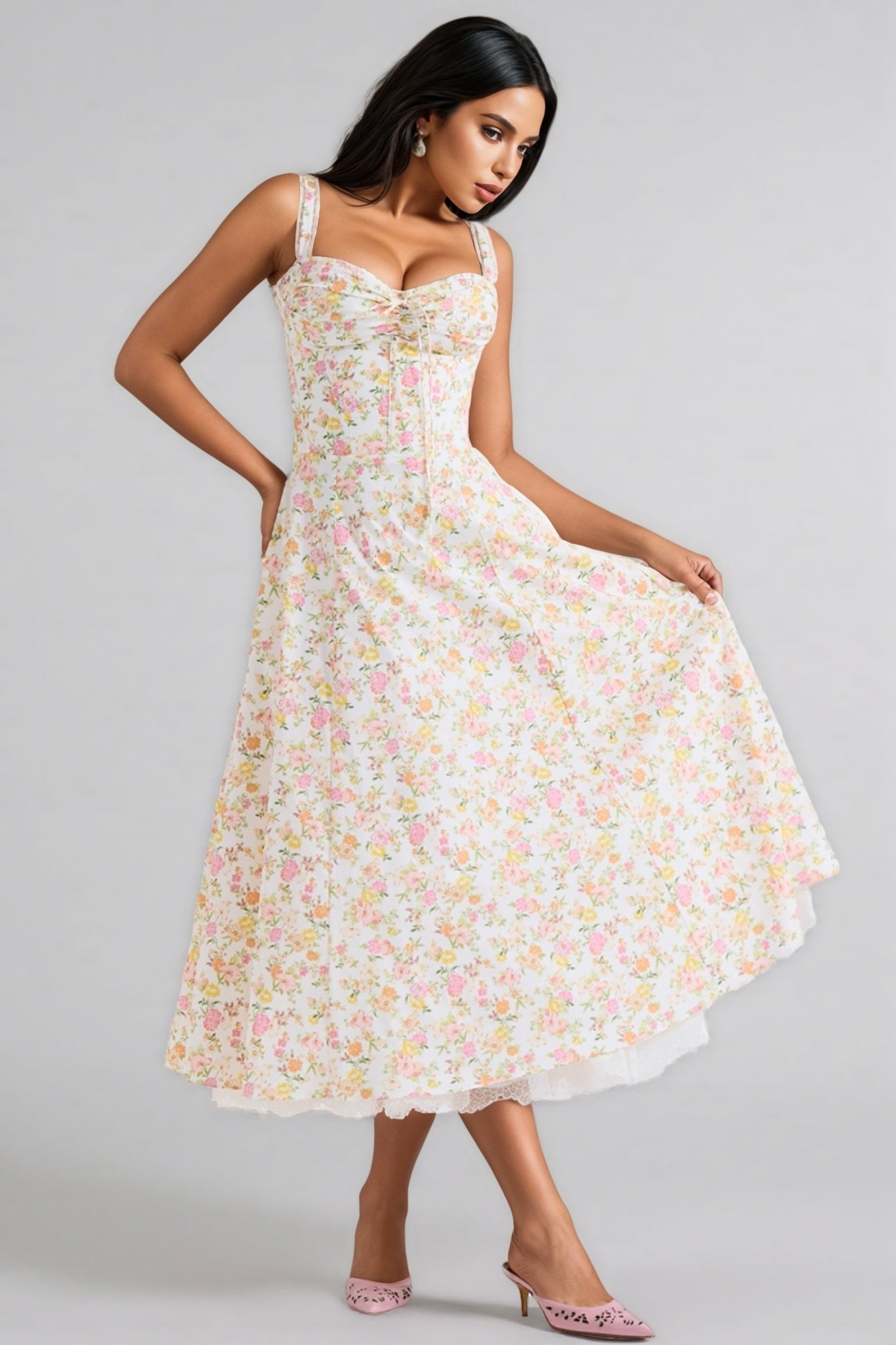 Larkt Meadow Floral Print Cotton Bustier Midi Dress