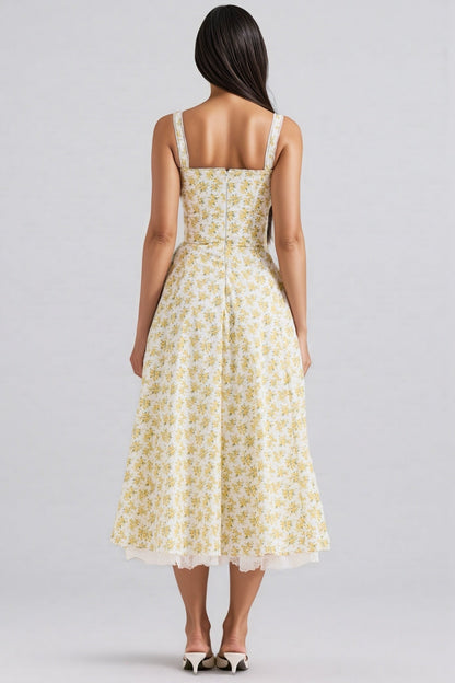 Emork White Vintage Floral Print Cotton Midi Dress