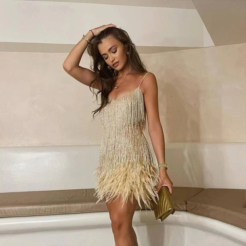 Antoinette Premium Mini Evening Dress with Sequins and Feathers ��� Hannah Designer Edit