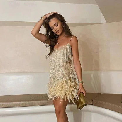 Antoinette Premium Mini Evening Dress with Sequins and Feathers ��� Hannah Designer Edit