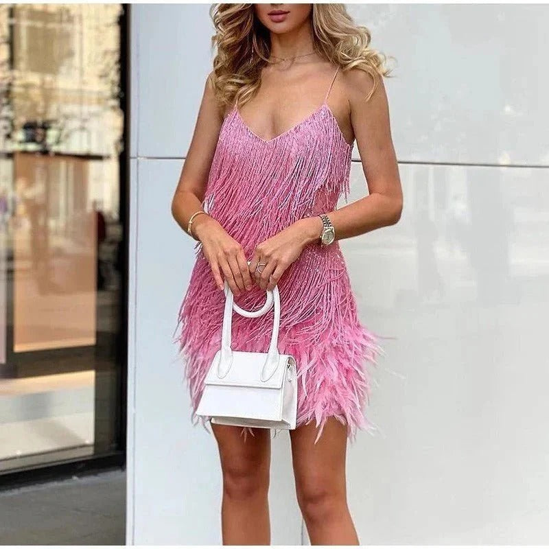 Antoinette Premium Mini Evening Dress with Sequins and Feathers ��� Hannah Designer Edit