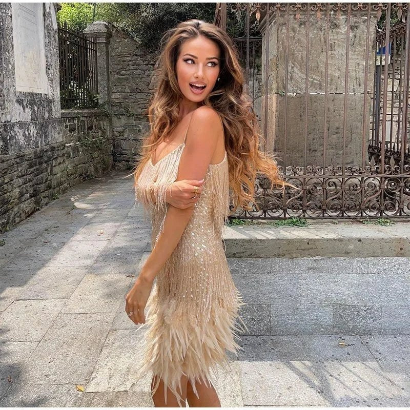 Antoinette Premium Mini Evening Dress with Sequins and Feathers ��� Hannah Designer Edit