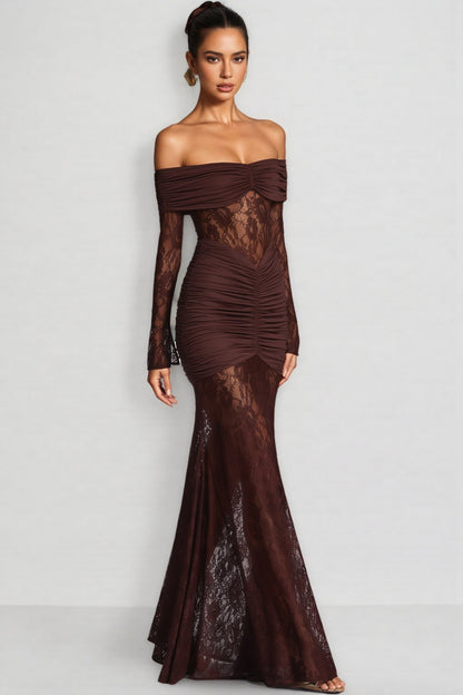 Velally Brown Lace Cut-Out Fishtail Maxi Dress