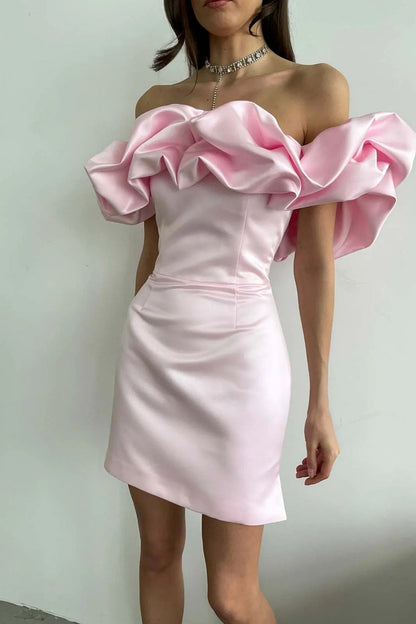 Zari Satin Ruffles Off Shoulder Mini Dress  - Pink