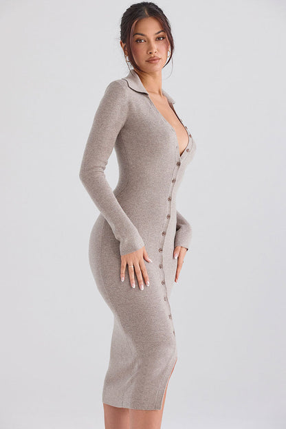 Sexy Collared Button Down Long Sleeve Bodycon Rib Knit Sweater Midi Dress - Camel