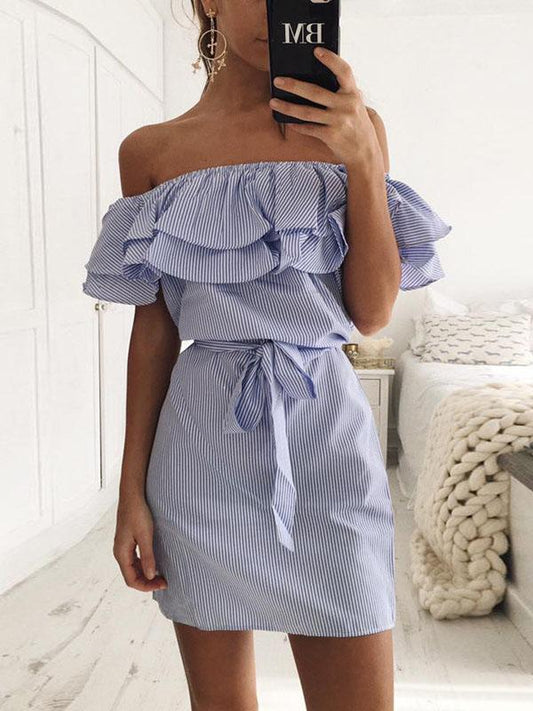 Slim fit Lace up Dress With Ruffled Stripes