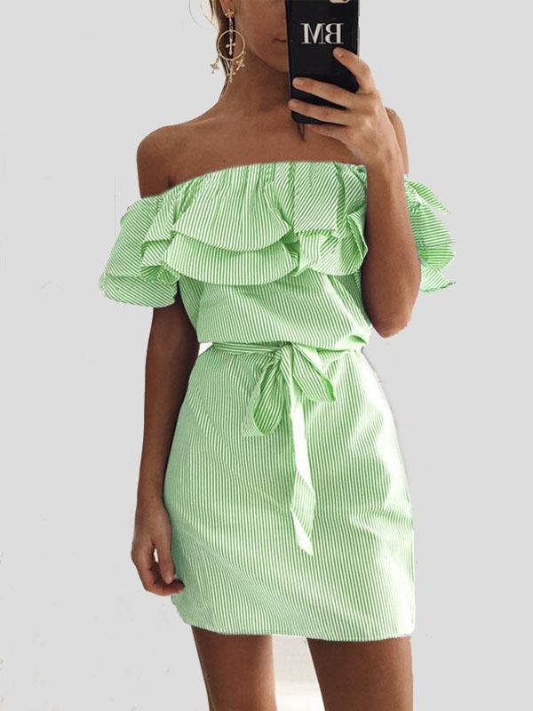 Slim fit Lace up Dress With Ruffled Stripes
