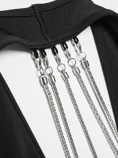 Solid V neck Chain Sleeveless Tight Dress