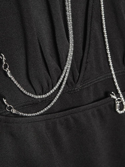 Solid V neck Chain Sleeveless Tight Dress