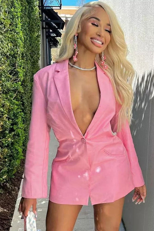 Sparkly Rhinestone Rope Cutout Back Lapel Blazer Mini Dress - Pink