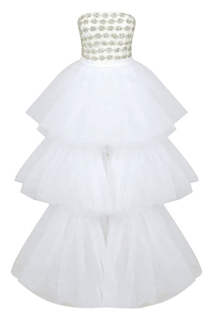 Sparkly Rhinestone Tube Top Layered Tulle High Low Evening Dress - White