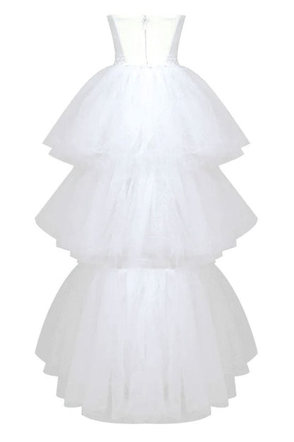 Sparkly Rhinestone Tube Top Layered Tulle High Low Evening Dress - White