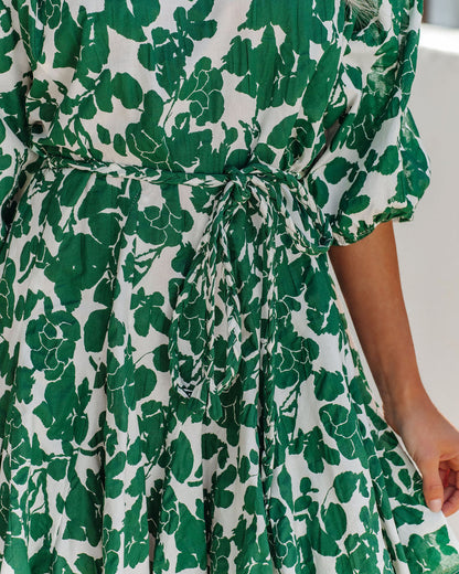 Tansy Cotton Rope Tie Ruffle Dress Green