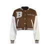Embroidery Pu Leather Paneled Cropped Varsity Jacket
