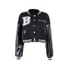 Embroidery Pu Leather Paneled Cropped Varsity Jacket