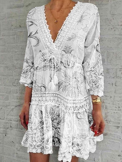 V Neck Printed Three Quarter Sleeve Casual Dress
