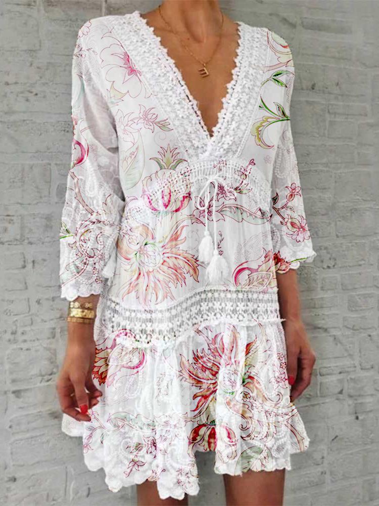 V Neck Printed Three Quarter Sleeve Casual Dress