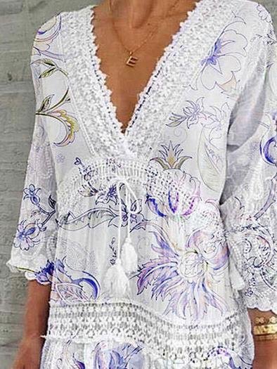 V Neck Printed Three Quarter Sleeve Casual Dress