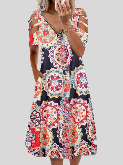 V neck Printed Zipper Short sleeved Dress