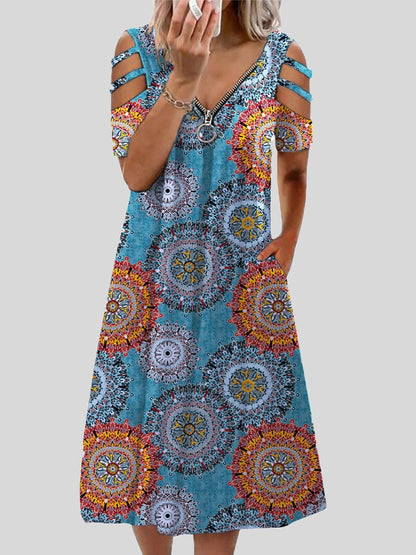 V neck Printed Zipper Short sleeved Dress