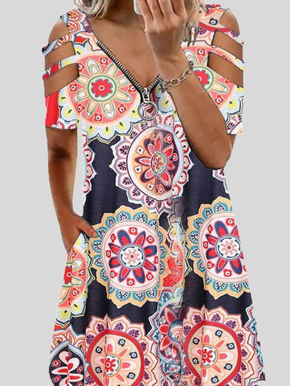 V neck Printed Zipper Short sleeved Dress