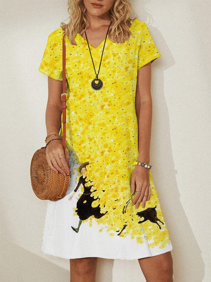 V neck Pullover Short Sleeve Loose Dress