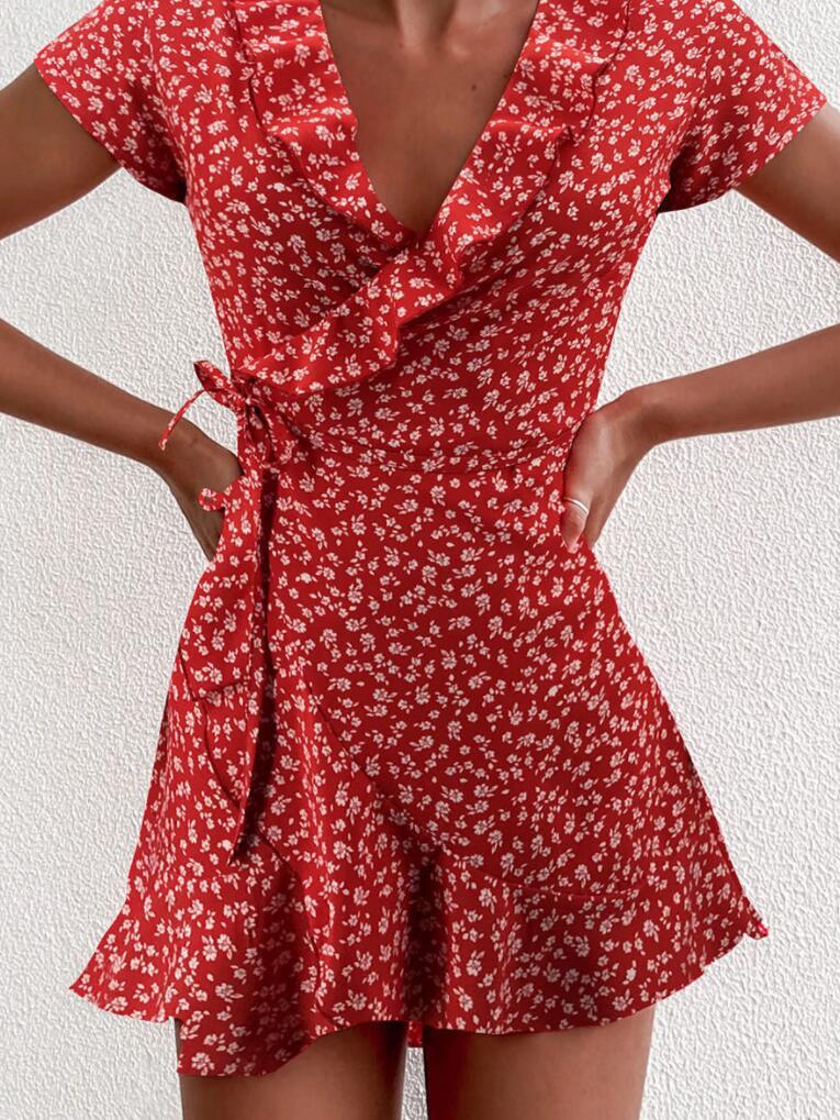 V neck Ruffled Lace up A line Dress