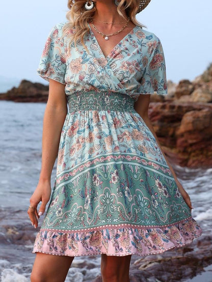 V Neck Short Sleeve Boho Print Dress