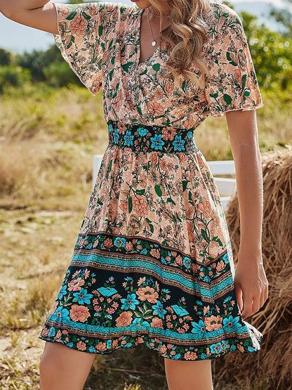V Neck Short Sleeve Boho Print Dress